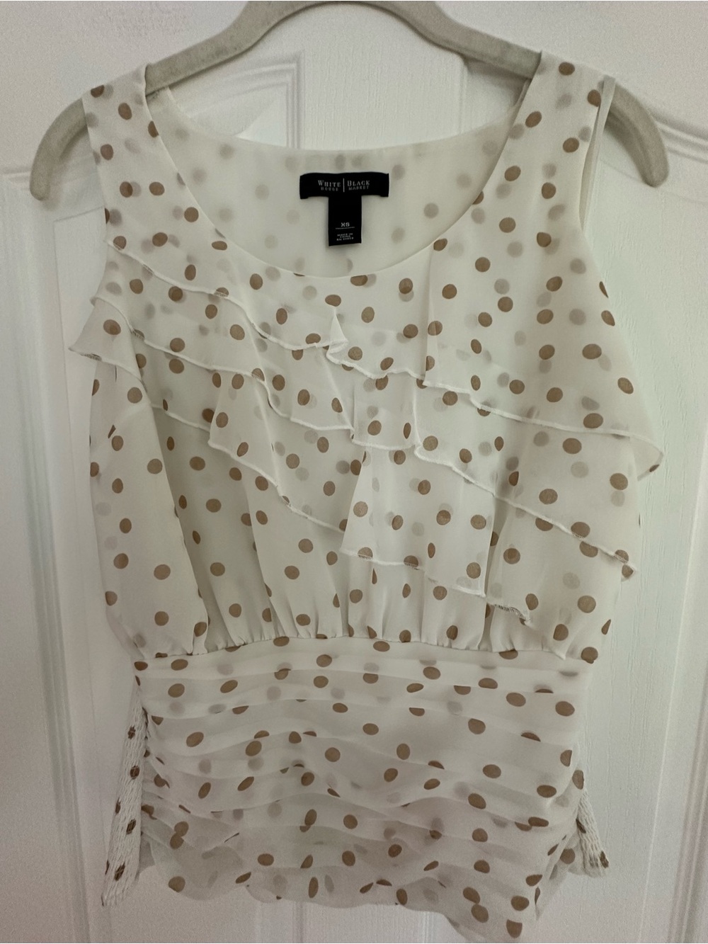 White House Black Market Cream Polka Dot Ruffle Sleeveless Camisole